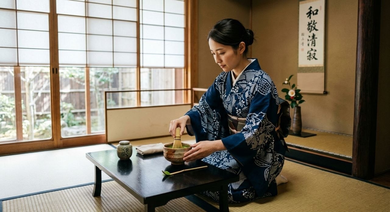 young Japanese woman in a blue kimono kneeling at a low lacquered table whisking bright green matcha powder in a clay chawan bowl with a bamboo chasen whisk in a serene tea room