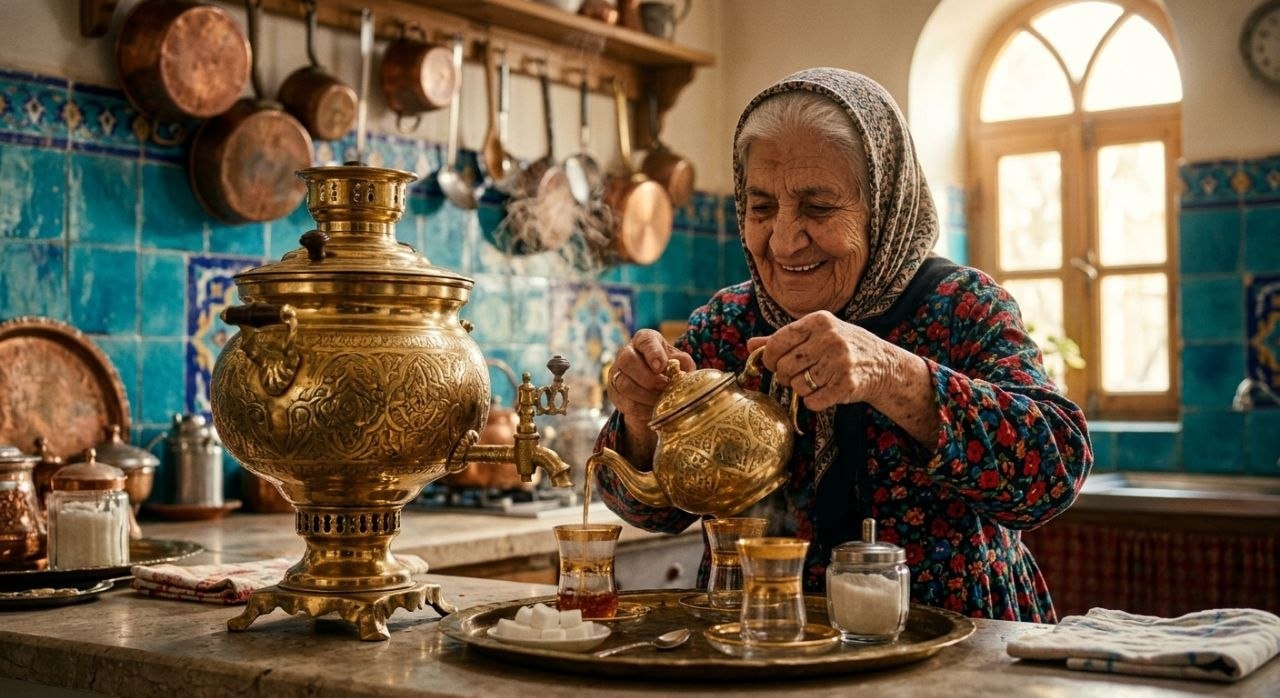 elderly Iranian grandmother in traditional floral dress serving tea from a large engraved brass samovar into gold-rimmed glass cups in a vintage Persian kitchen with colorful hand-painted tiles