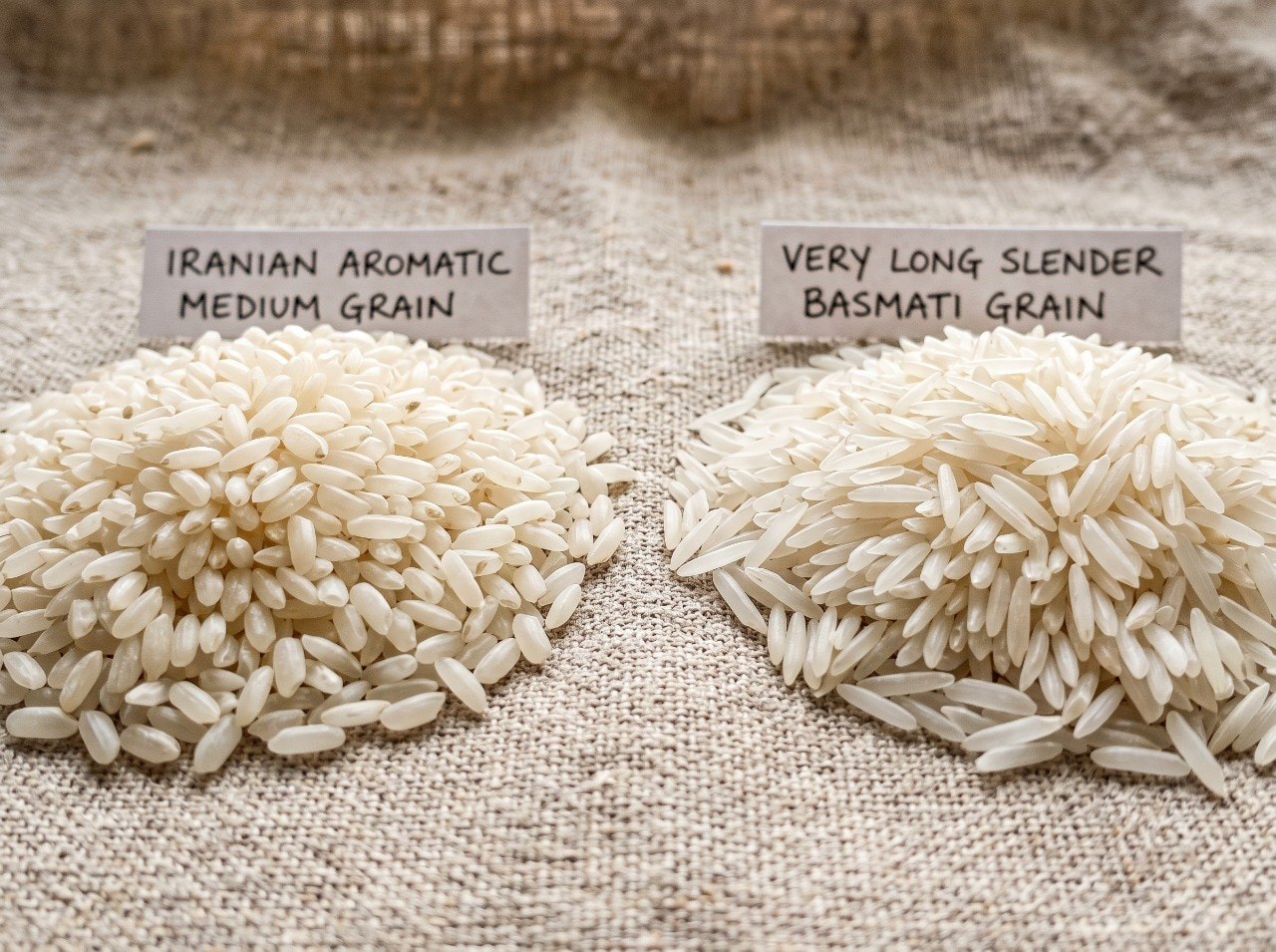 Comparison of Iranian aromatic rice grains and long-grain basmati side by side in two wooden bowls