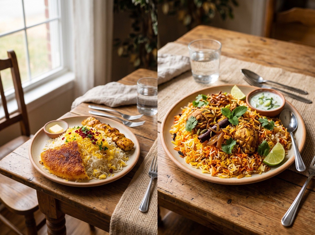 Iranian saffron rice with tahdig next to an Indian-style biryani plate on a table