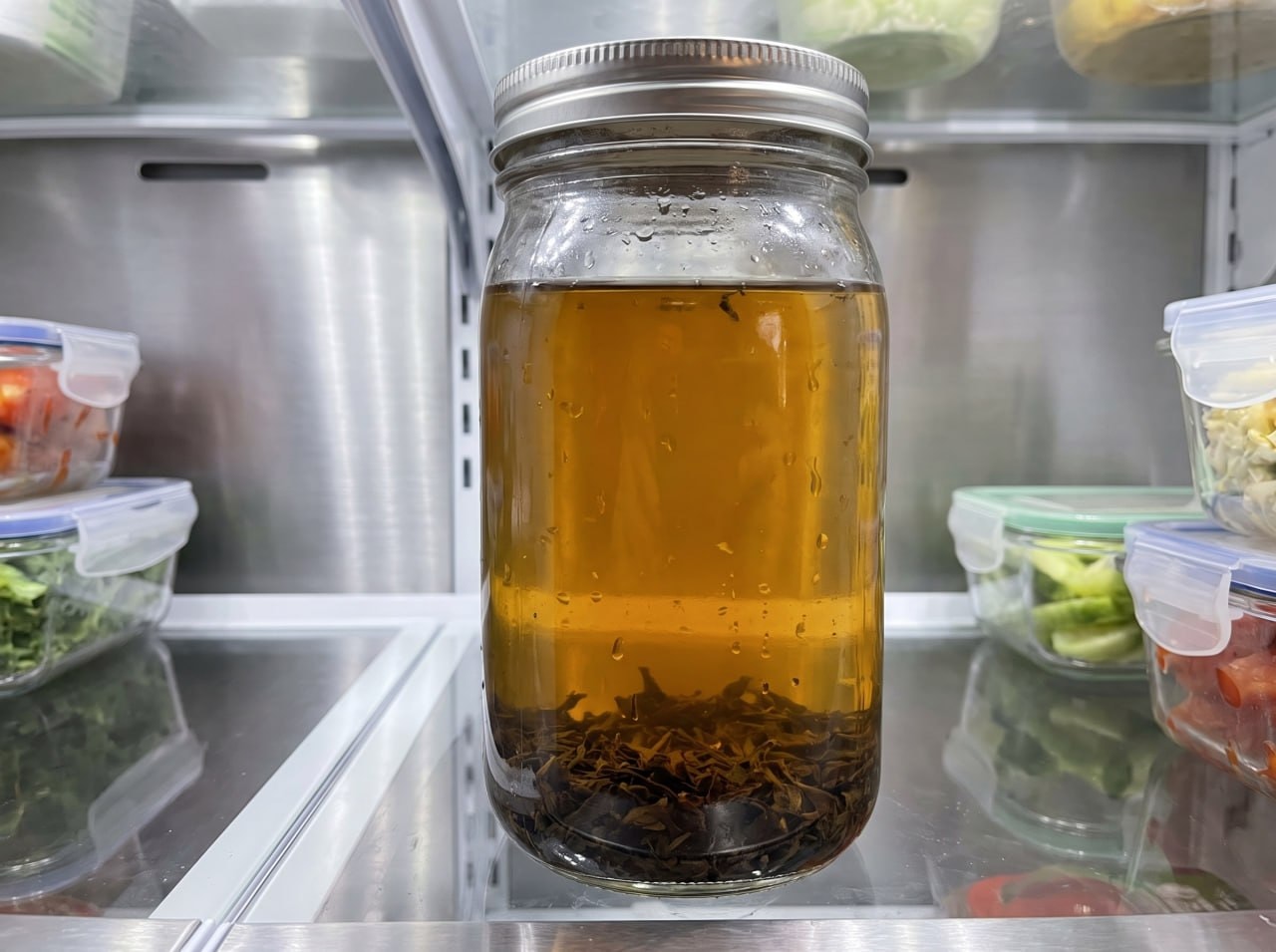 cold brew iced tea in a clear glass jar in refrigerator light, translucent amber liquid, no cloudiness