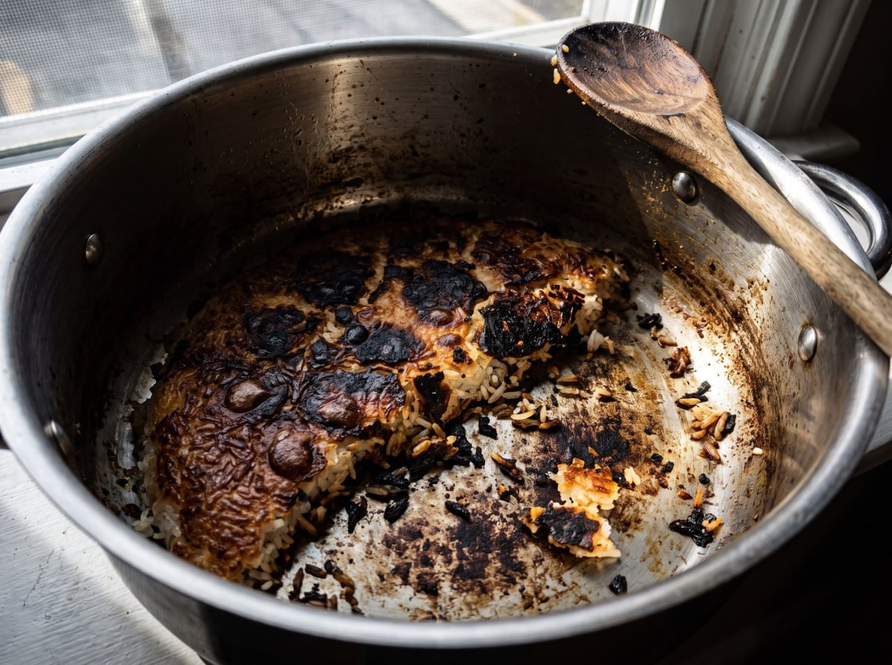Broken burnt tahdig rice crust stuck to the bottom of a pot