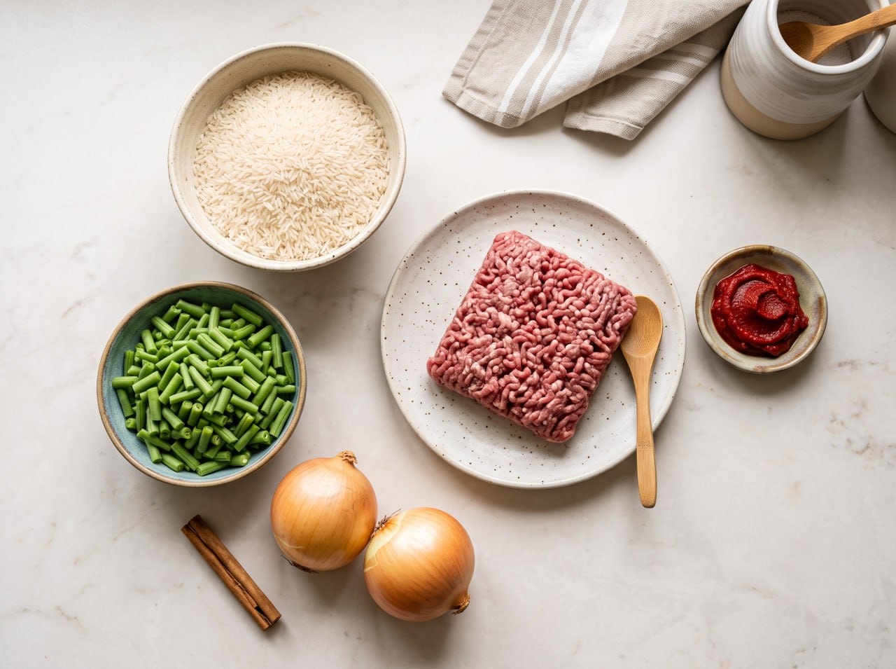 Fresh green beans, ground meat, tomato paste and Iranian rice arranged on a kitchen counter