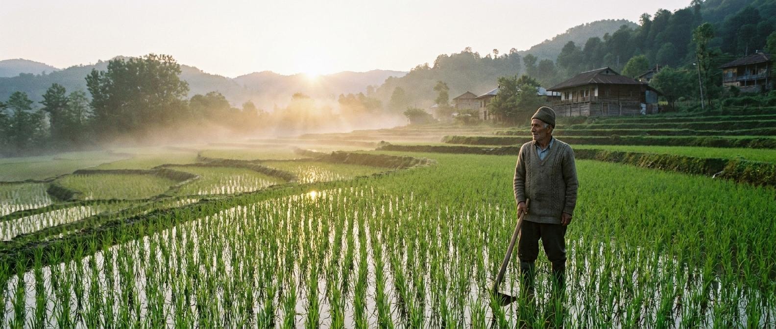 ancient rice cultivation in Asia, workers harvesting rice in a flooded paddy field with traditional tools, warm golden hour light, documentary photography style