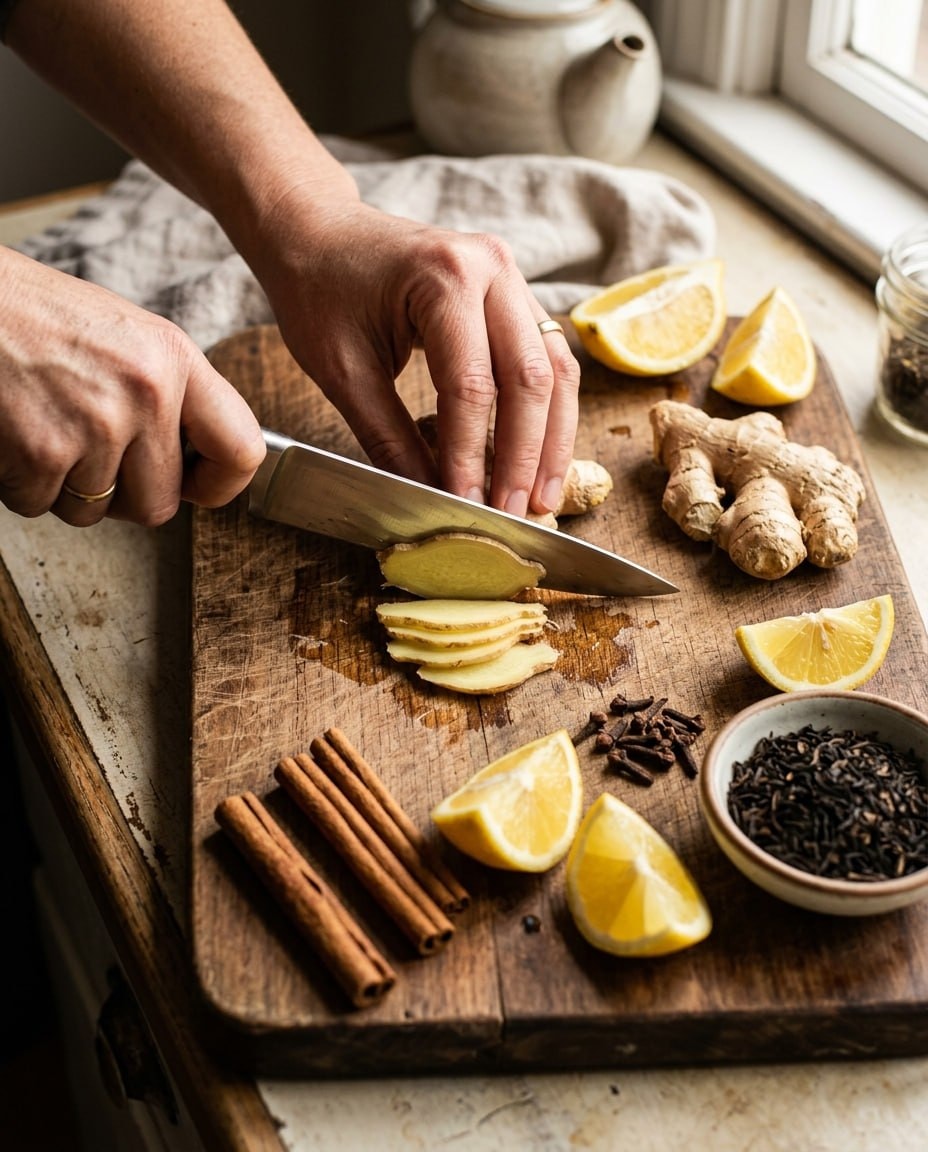 Close up of hands slicing fresh ginger on a cutting board next to lemon wedges, cinnamon sticks and cloves, warm kitchen light