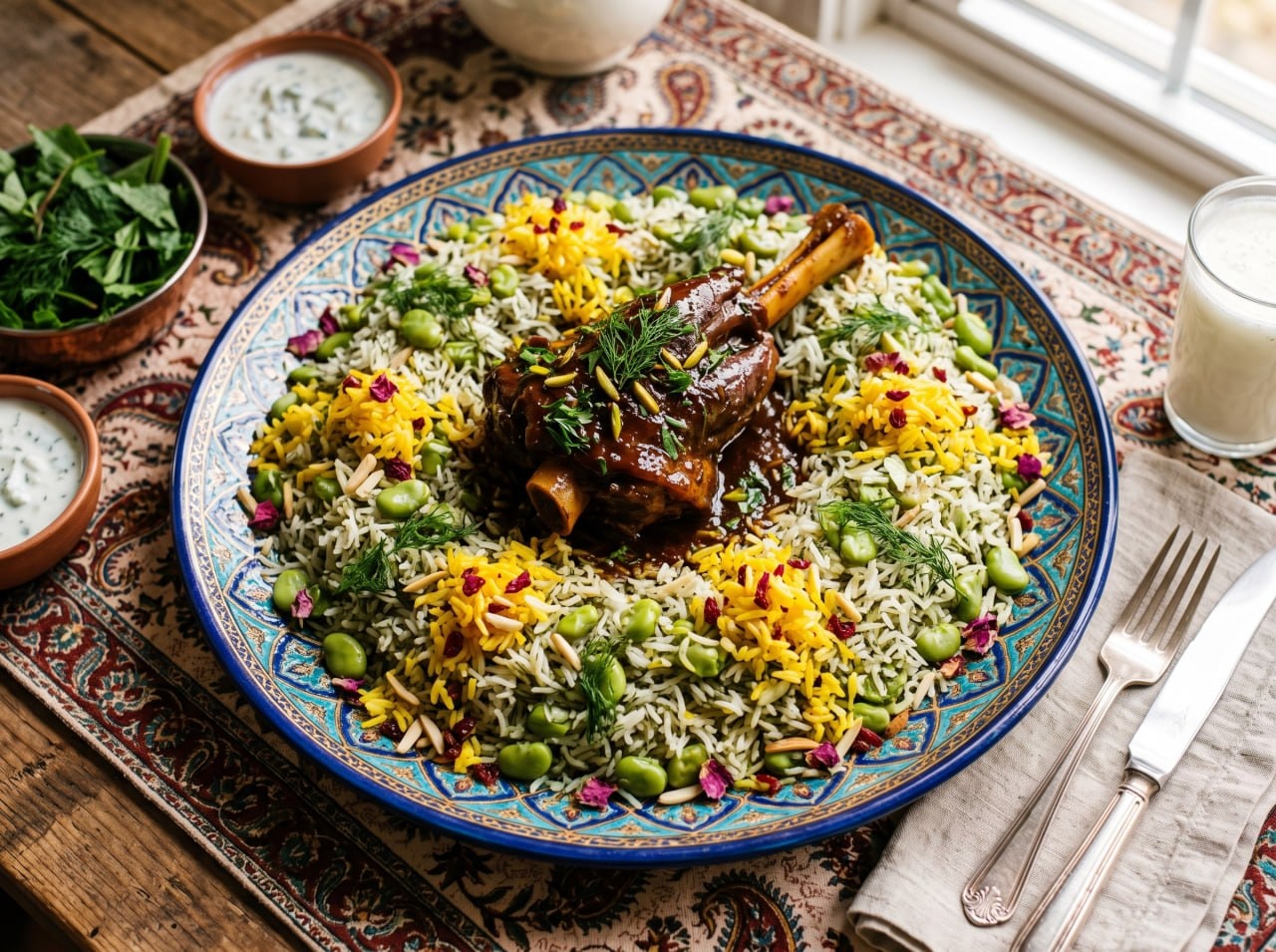 Persian baghali polo with tender lamb shank on a serving platter