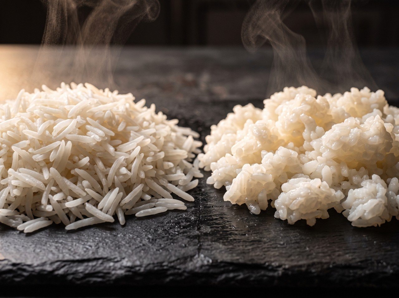 Comparison of long extended cooked rice grains next to shorter plumper grains on a dark surface