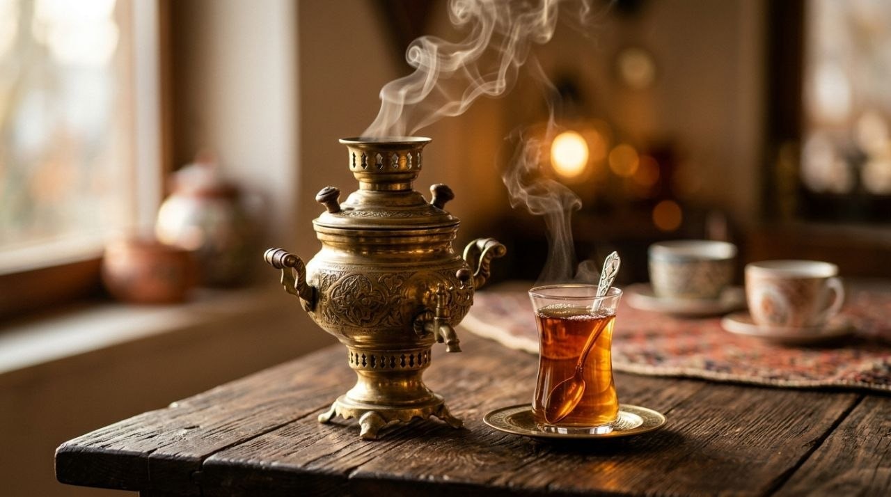 Overhead view of a glass teapot with amber Persian tea leaves unfurling, warm natural light