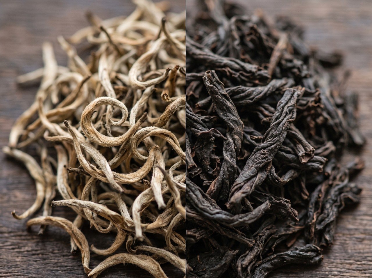 Two grades of Gilan tea leaves side by side, loose leaf close-up