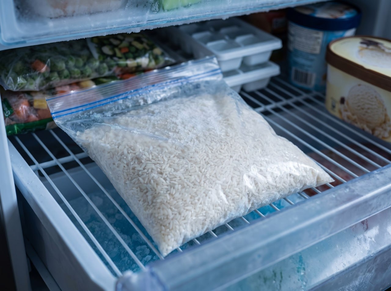 Rice sealed in an airtight bag placed inside a home freezer drawer