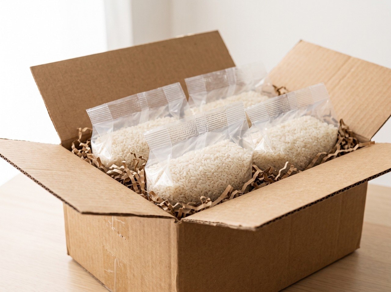 Properly sealed rice packaging inside a protective shipping box