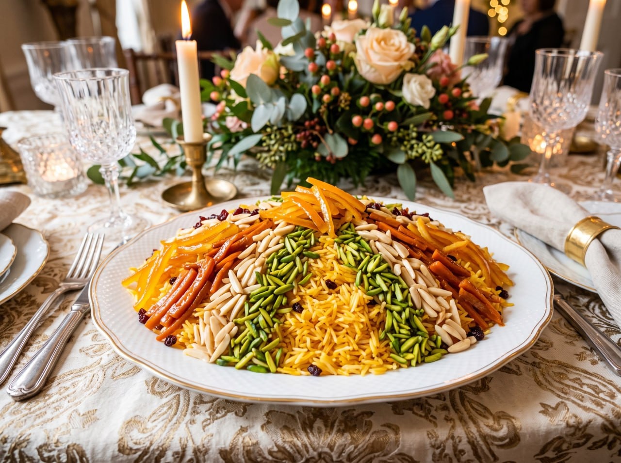 Ingredients for shirin polo laid out on a stone counter