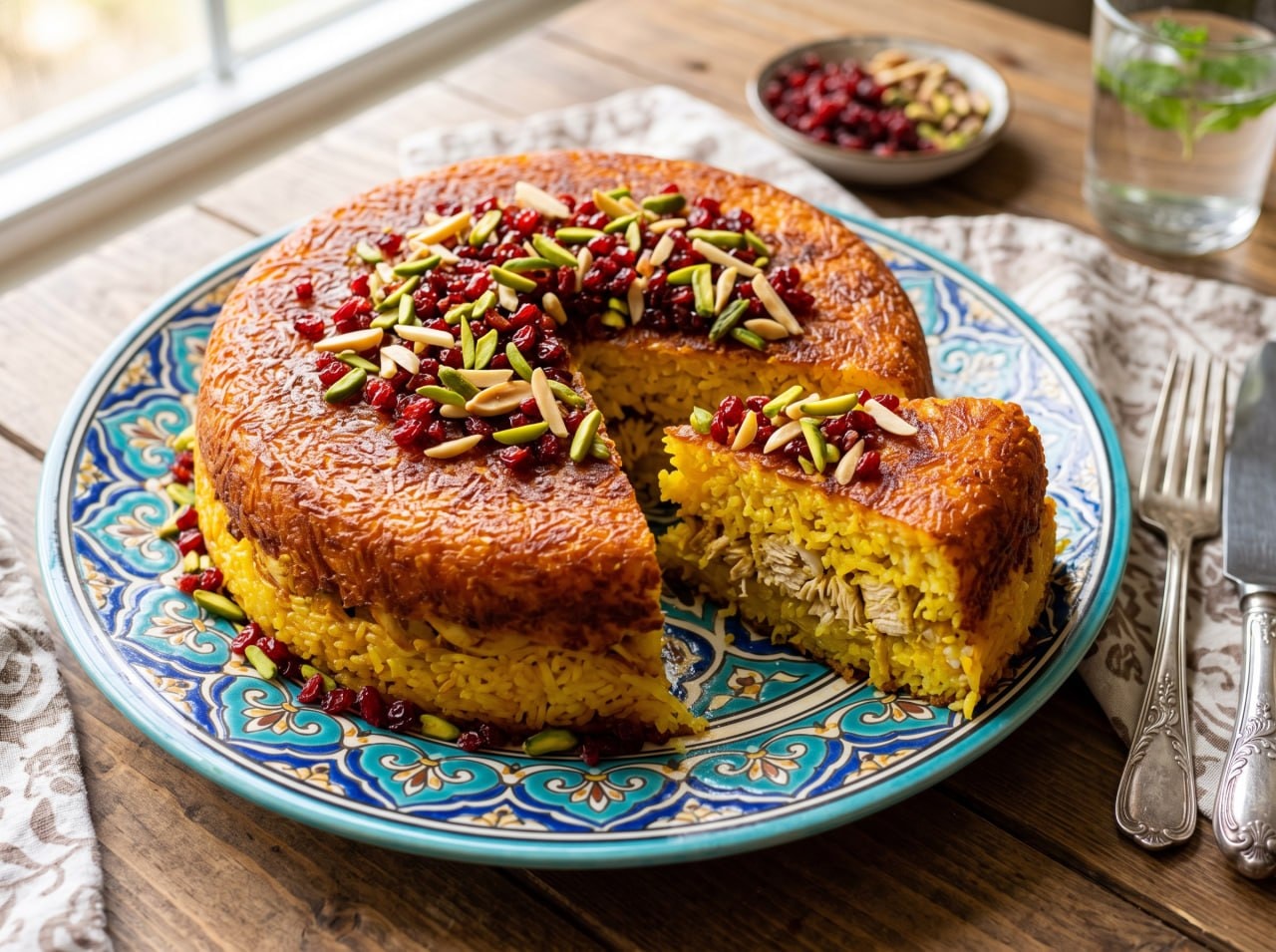 طرز تهیه ته چین مرغ زعفرانی؛ تهدیگ یکدست و برشی که از هم نمیپاشد